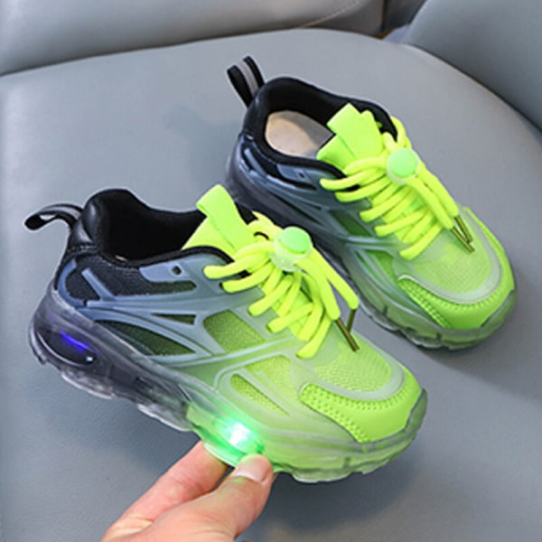 Ljusande löparsko för barn med snörning i mesh andas Sneakers Svart Grön 28