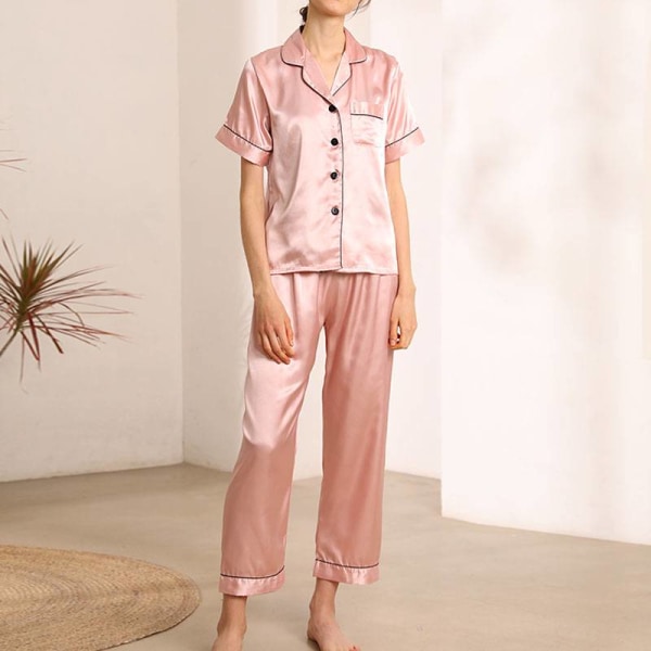 Kvinder 2 stykke pyjamas sæt kortærmede toppe + bukser nattøj Lotus M