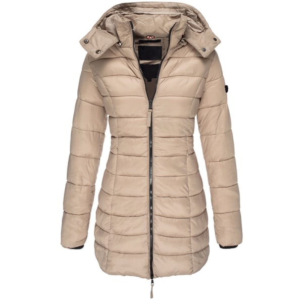 Dame hættejakke polstret vinter varm lang frakke Puffer Outwear Kaki M