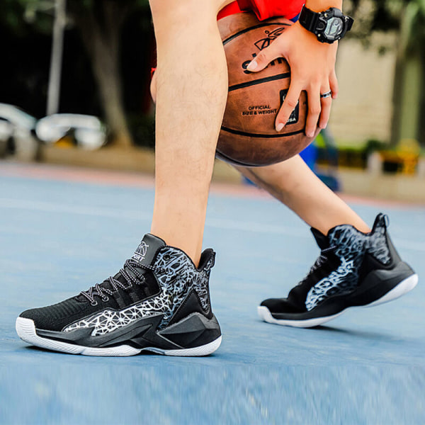 Børne Mid Top Basketball Sko Snøre-up Anti-Slip holdbare sneakers Svart Vit 33