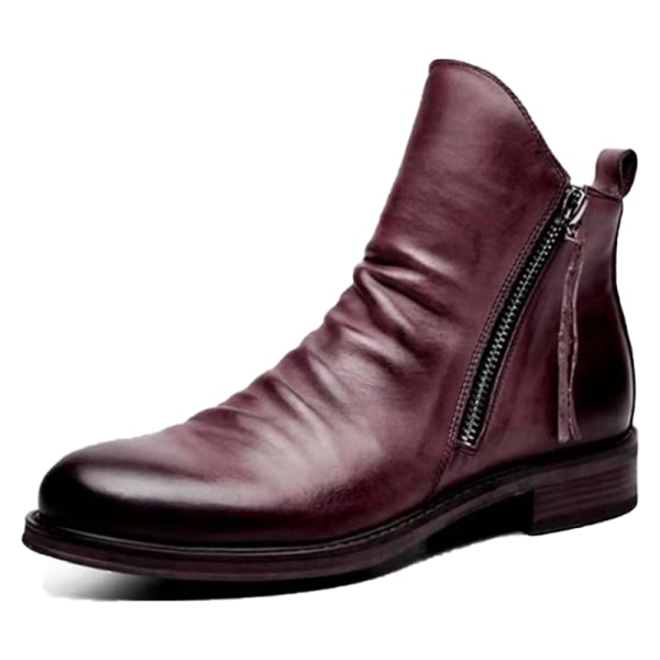 Mens Casual Rund Toe Läder Boot Business Non Slip Dress Boots Vin, röd 45