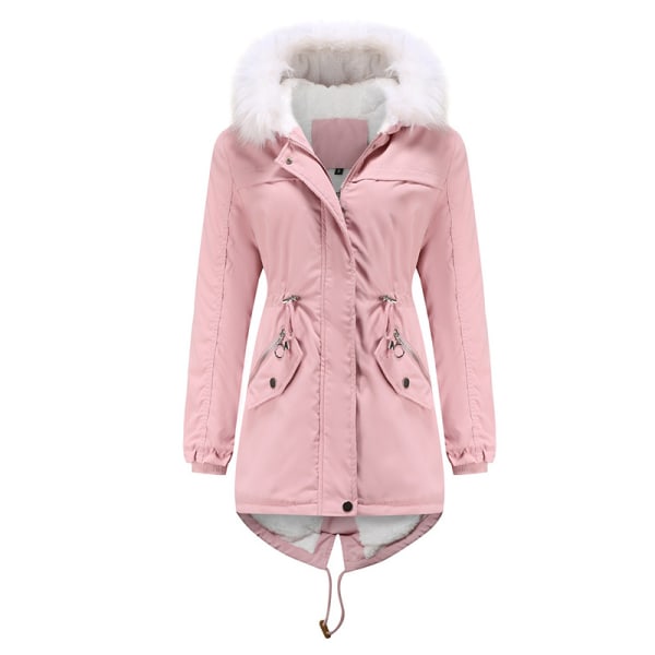Naisten talvihupullinen takki Fleecevuorattu päällystakki vetoketju Pink S