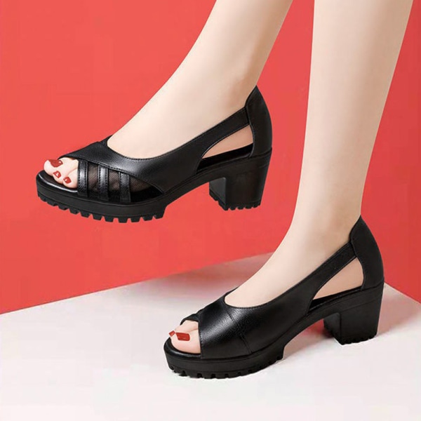 Kvinnors tjocka mellanklackade klänning sandaler Danspumps mamma skor Black 35