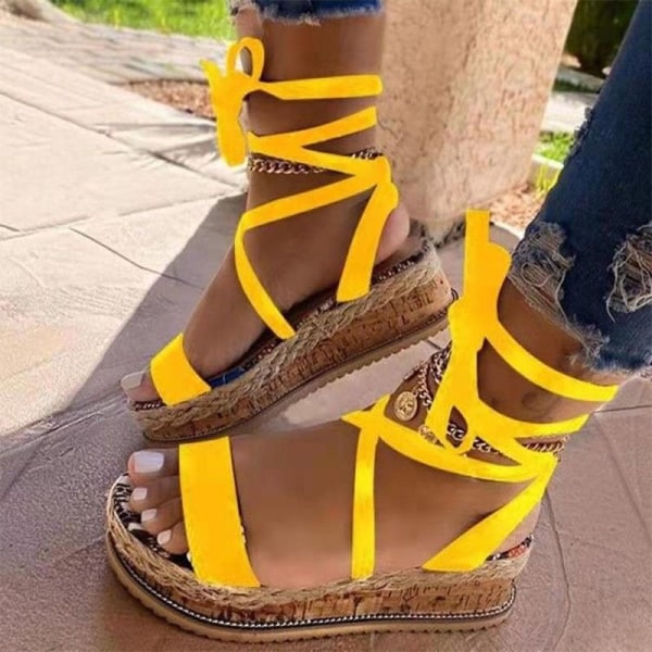 Kvinders platform høje hæle mode afslappet ankel spænde sandaler Yellow,35
