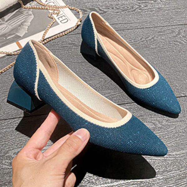 Kvinner spiss tå Mid Heel Office Strikket Pump Dress Shoes Work Blue 39