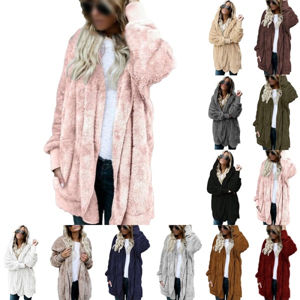 Warm Teddy Bear Fluffy Coat Dam Hooded Fleece Jacka Brun L
