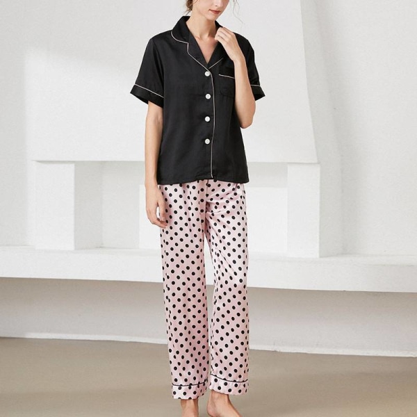 Kvinder 2 stykke pyjamas sæt kortærmede toppe + bukser nattøj Black Pink Polka Dots S