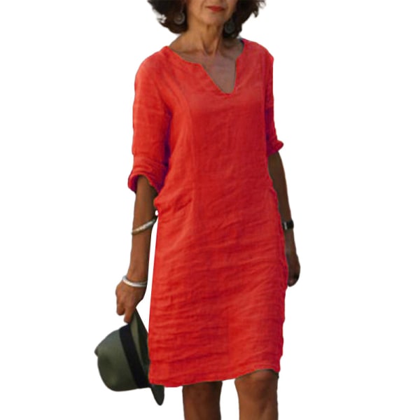 Kvinder V-hals tunika midi kjole 3/4 ærmer T-shirt kjoler Red L