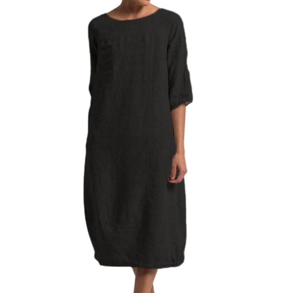 Kvinnor Enfärgad midiklänning Vanlig lös halvärmad klänningar Black 3XL