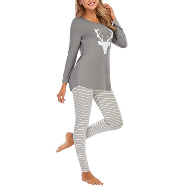 Dameprintede pyjamassæt langærmet top + bukser hjemmetøjsdragt Gray,M