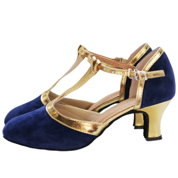 Dam latinska sandaler Dansskor T-rem med stängd tå med mitten av klackarna Blue+ Gold 40