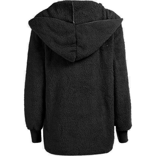 Warm Teddy Bear Fluffy Coat Dam Hooded Fleece Jacka Svart 3XL