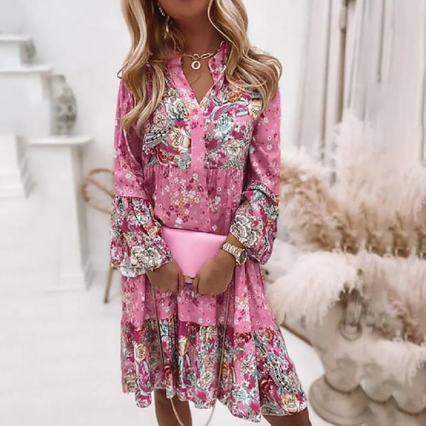 Kvinnor sommar långärmade klänningar Blommigt print strand Miniklänning Pink 2XL