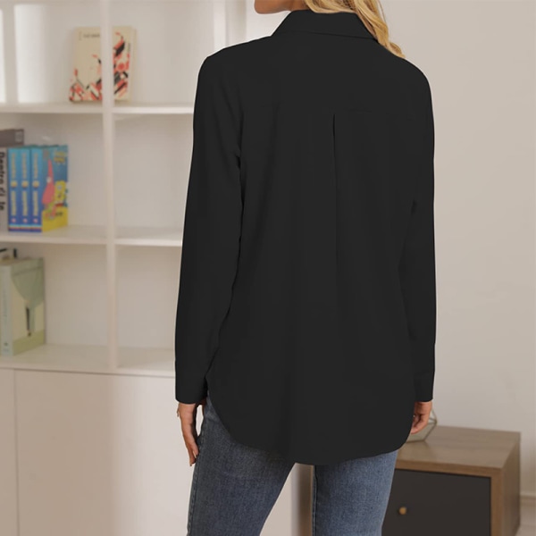 Damer Casual OL kontorskjorta blus Lös långärmad t-shirt Black XL