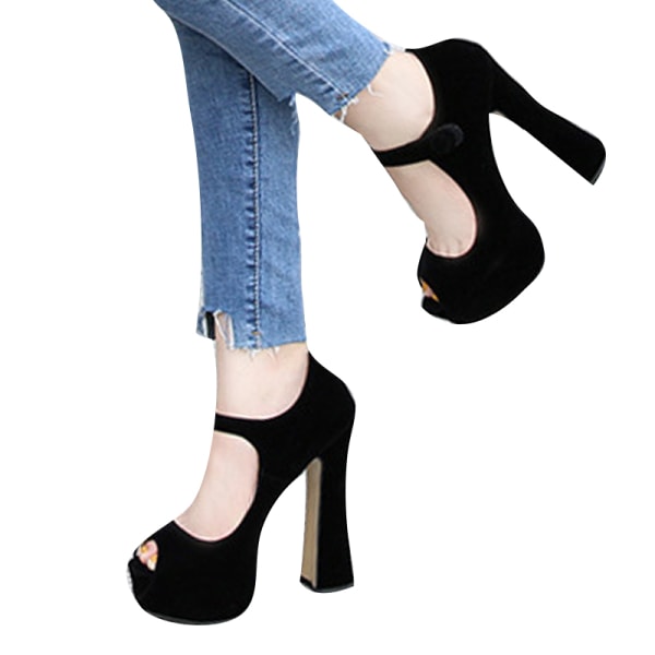 Kvinnor Anti-Slip Peep Toe Formella Comfort Ankel Heeled Sandaler Faux mocka svart 46