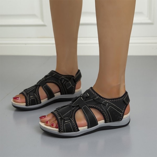 Kvinnors utomhussandaler med krok och ögla platta sandaler med öppen tå Black 39