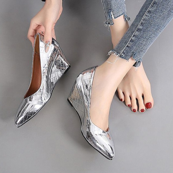 Womens Comfort Wedges Pumps Høye hæler Sko Holiday Party Ball Silver 40