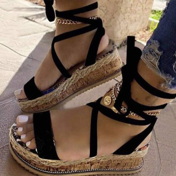 Kvinnors plattform höga klackar mode casual ankel spänne sandaler Black,43
