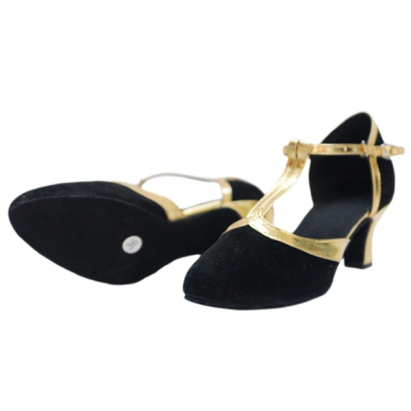 Dam latinska sandaler Dansskor T-rem med stängd tå med mitten av klackarna Black Gold 35