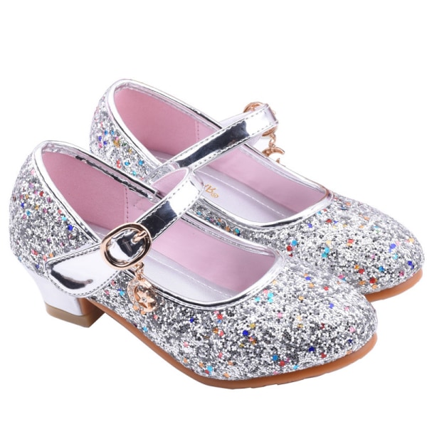 Tyttöjen paljetteja juhlakengät Princess Dance Shoes Heels Sandaalit Silver 33