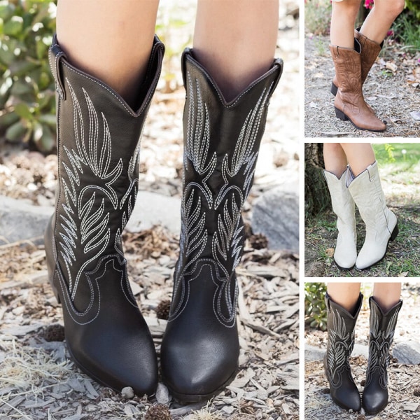 Vintage dam cowgirl boots broderade Mid Wide Western skor Mörkbrun 42
