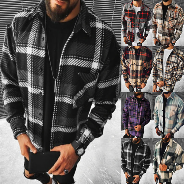 Herre plaid langærmede skjorter Casual Lapel Streetwear frakke Blommig 5XL