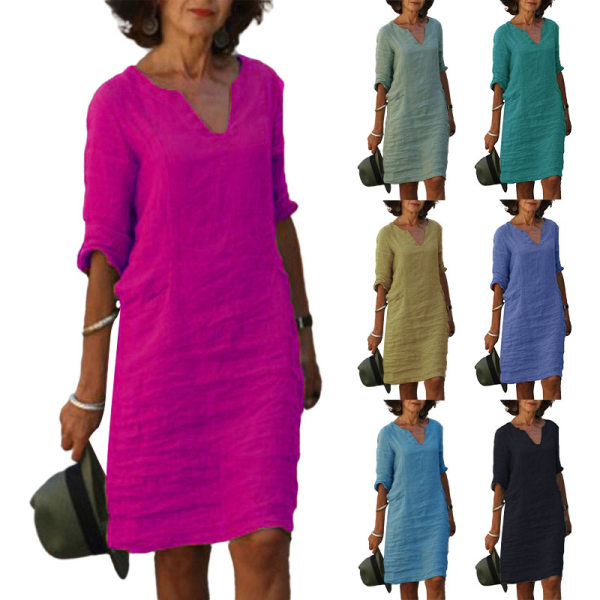 Kvinder V-hals tunika midi kjole 3/4 ærmer T-shirt kjoler Dark Blue L