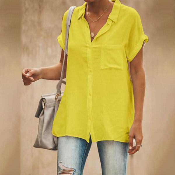 Kvinder kortærmede toppe Button Down skjorter Yellow 2XL