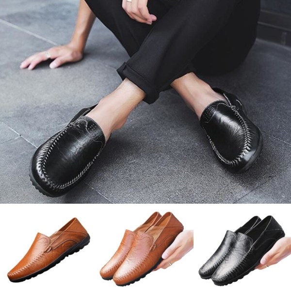 Herre britiske klassiske loafers Slip On imiteret læder business sko Brun 43