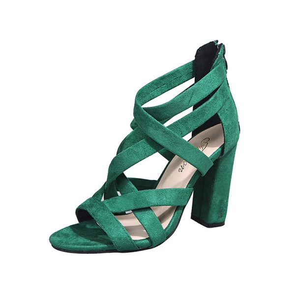 Kvinder Sommer Chunky Heels Fashion Sandaler Cross Strap Sko Green 34
