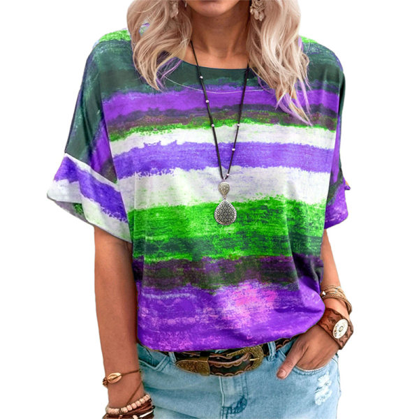 Kvinder Løs T-shirt Dame rund hals sommer strandbluse toppe Purple 2XL