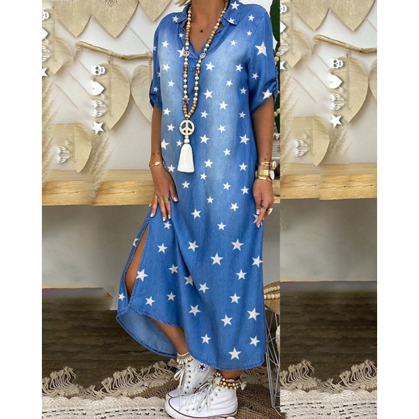 Naisten lyhythihainen pitkä mekko Print Maxi-mekot Blue M