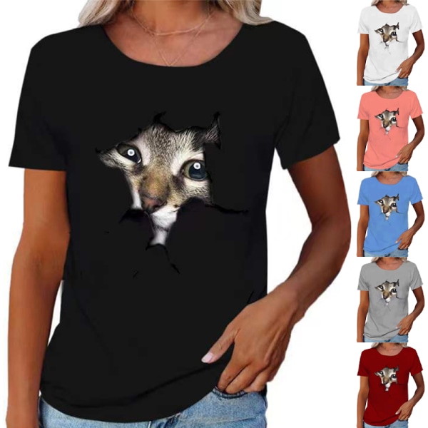 Kvinnor Cat PrintT Shirt Scoop Neck Toppar Kortärmad blus Grey S
