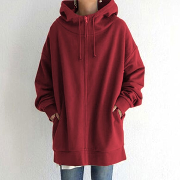 Dame almindelig hættetrøje Langærmet Loose Coat Sweatshirtjakke Röd 4XL