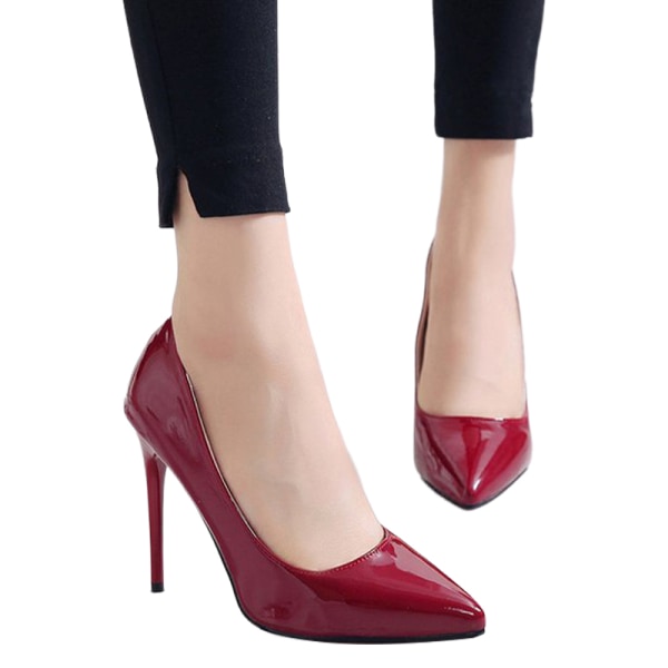 Kvinder spidstå kjole sko høje slanke hæle Pumps Bryllup Wine Red 36