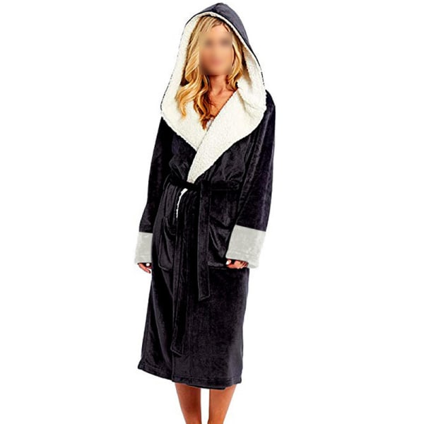 Dam långärmad fuzzy plysch badrock med bälte i fleece Svart XL