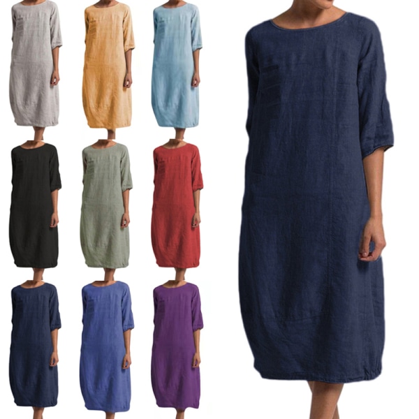 Kvinnor Enfärgad midiklänning Vanlig lös halvärmad klänningar Blue 2XL