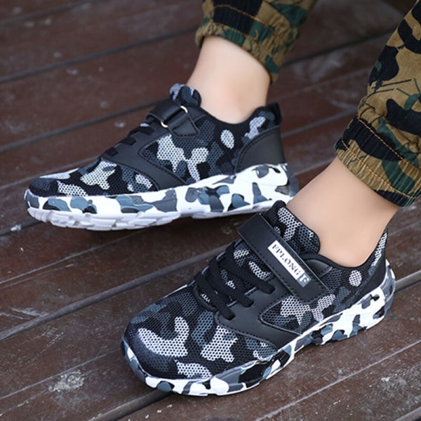 Barn Camouflage Rund Toe Walking Shoe Athletic Sneakers Svart Vit-1 36
