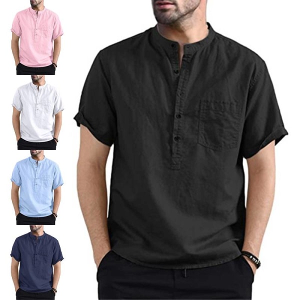 Skjortor med V-ringning Herr Button Up Toppar Kortärmade T-shirts Vanliga blusar Rosa L