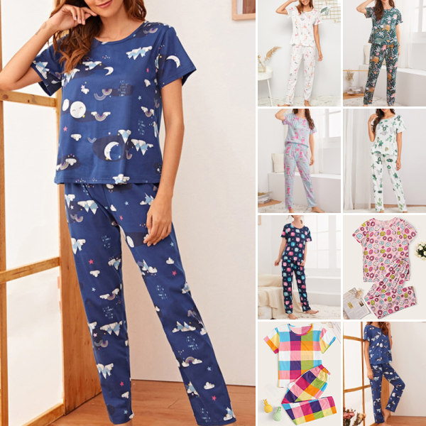 kvinder sommer pyjamas sæt rund hals blomstret plaid loungewear Deep Blue Rainbow M