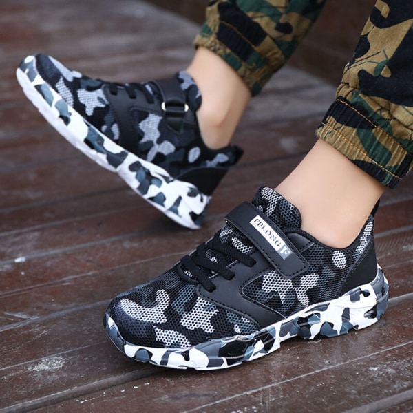 Barn Camouflage Rund Toe Walking Shoe Athletic Sneakers Svart Vit-1 30