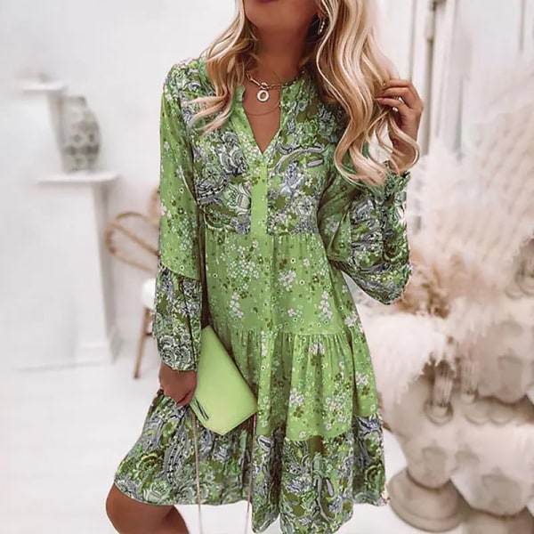 Kvinnor sommar långärmade klänningar Blommigt print strand Miniklänning Green L