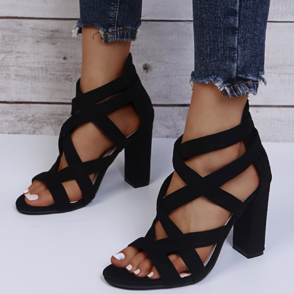 Womens Summer Chunky Heels Mode Sandaler Cross Strap Shoes Black 41