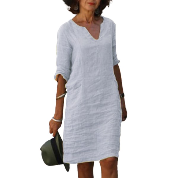 Kvinder V-hals tunika midi kjole 3/4 ærmer T-shirt kjoler White L