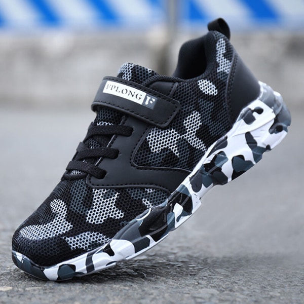 Barn Camouflage Rund Toe Walking Shoe Athletic Sneakers Svart Vit-1 27