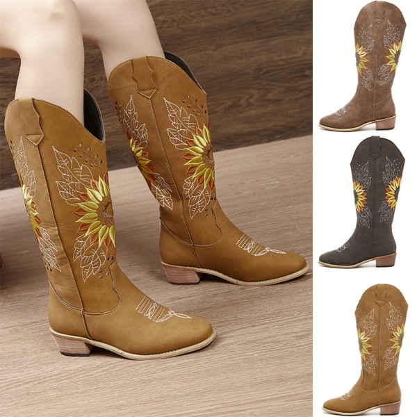 Kvinnor Western Cowboy Chunky Heel Boots Broderade Mid Calf Shoe Kaffe 38  32e5 | Kaffe | PU | Fyndiq
