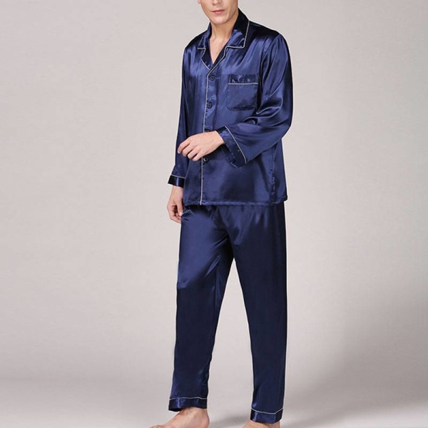 Mænd Pyjamas Nattøj Sæt Dreng Langærmet Nattøj Loungewear Blue XXL