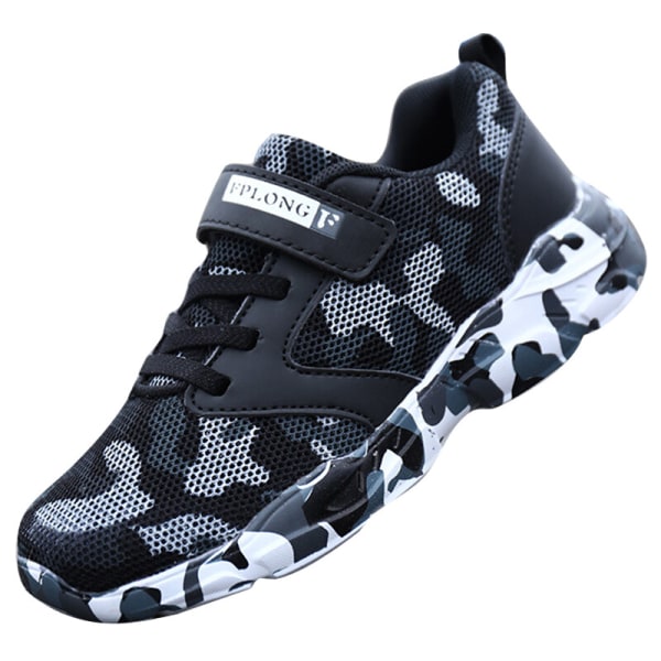 Barn Camouflage Rund Toe Walking Shoe Athletic Sneakers Svart Vit-1 35