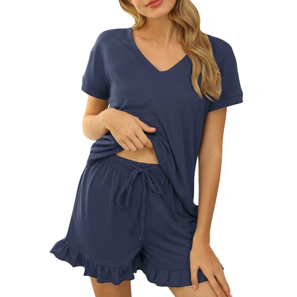 Naisten pyjamasetit V-kaula lyhythihaiset T-paidat Shortsit Kotivaatteet Blue,XXL