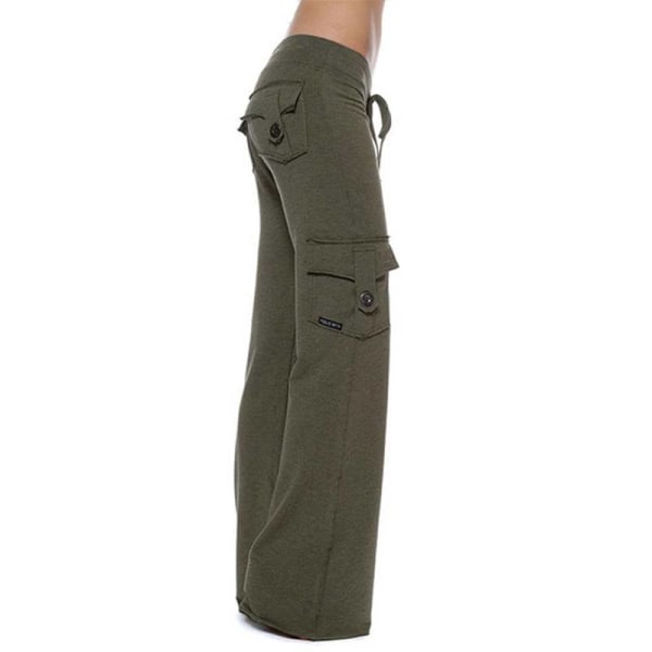 Ladies Yoga Gym Sport Wide Leg Pocket Byxor Lösa långbyxor Army Green,XS